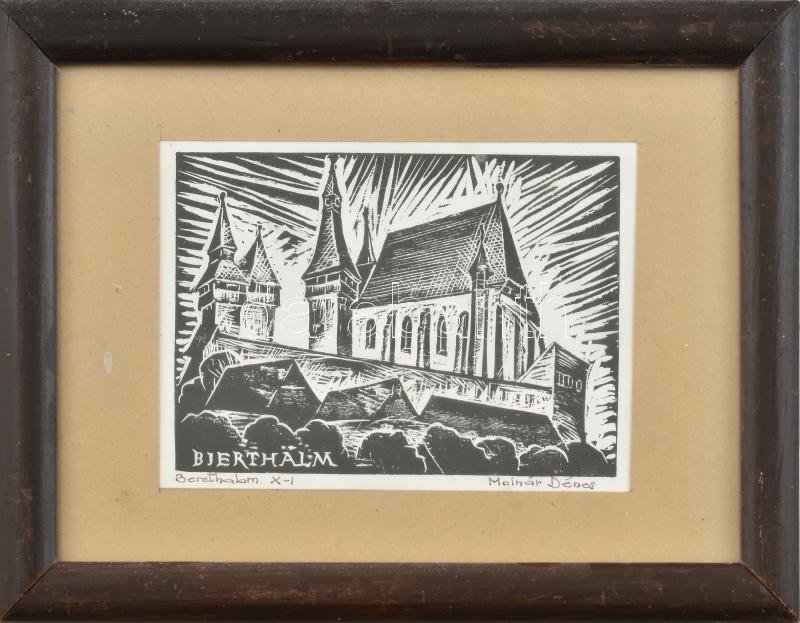 Molnár Dénes (1947-2000): Berethalom (Bierthalm). Fametszet, papír, jelzett, 9×13 cm, üvegezett fakeretben