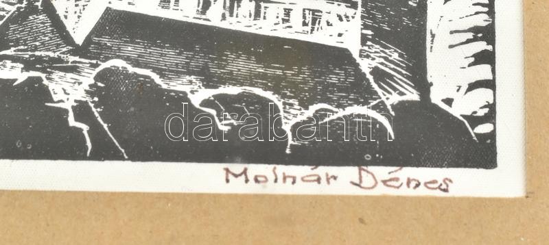 Molnár Dénes (1947-2000): Berethalom (Bierthalm). Fametszet, papír, jelzett, 9×13 cm, üvegezett fakeretben - Image 2