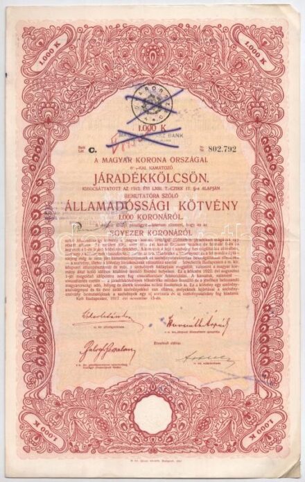Budapest 1917. 'A Magyar Korona Országai 6%-kal kamatozó Járadékkölcsön' államadóssági kötvénye 1000K-ról szelvényekkel, bélyegzéssel, áthúzásokkal érvénytelenítve T:II-