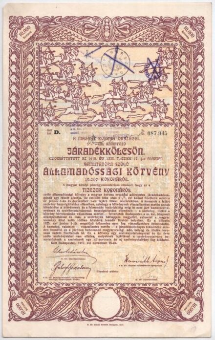 Budapest 1917. 'A Magyar Korona Országai 5 1/2%-kal kamatozó Járadékkölcsön' államadóssági kötvénye 10.000K-ról szelvényekkel, bélyegzéssel, áthúzásokkal érvénytelenítve T:II-
