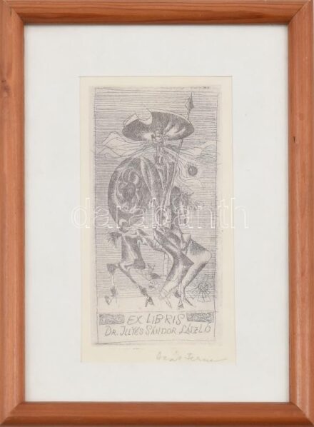 Deák Ferenc (1935-2013): Ex libris Dr. Illyés Sándor László. Rézkarc, papír, jelzett, 12×6 cm, üvegezett fakeretben