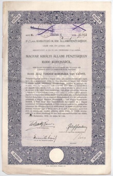 Budapest 1916. 'Magyar Királyi Állami Pénztárjegy' 10.000K-ról felülbélyegzésekkel, szárazpecséttel, áthúzásokkal érvénytelenítve (2x) T:III papírhiányok, széleken kisebb szakadások