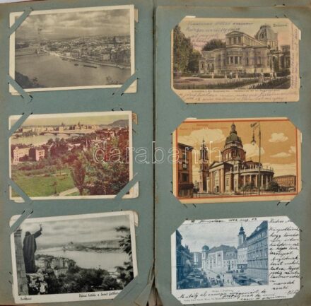 150 db RÉGI képeslap régi nagy albumban: Budapest és más városok, Velence sorozat, szerelmes páros sorozatok, Bonzo kutya, üdvözlőlapok, gyerek, hölgyek, virágok, Art Deco és Art Nouveau művészlapok, sok litho és szignált (Colombo,