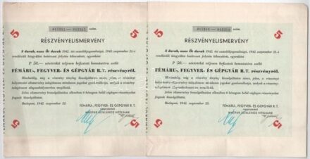 Budapest 1942. 'Fémáru, Fegyver-és Gépgyár R.T:' részvényelismervénye 5db, egyenként 50P névértékű részvényről (3x), közte sorszámkövetők T:III folt