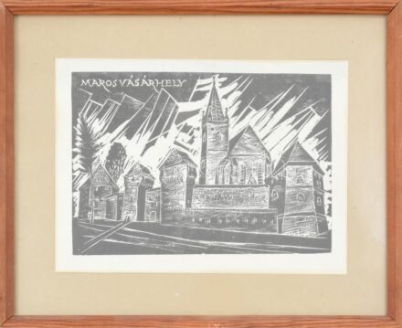 Jelzés nélkül, erdélyi magyar grafikus, XX. sz. második fele: Marosvásárhely. Fametszet, papír, 18×26 cm. Üvegezett fakeretben