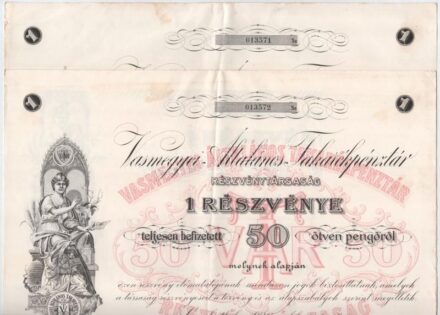 Szombathely 1926. 'Vasmegyei Általános Takarékpénztár Részvénytársaság' részvénye 50P-ről néhány szelvénnyel, szárazpecséttel (2x) sorszámkövetők T:II- széleken szakadások