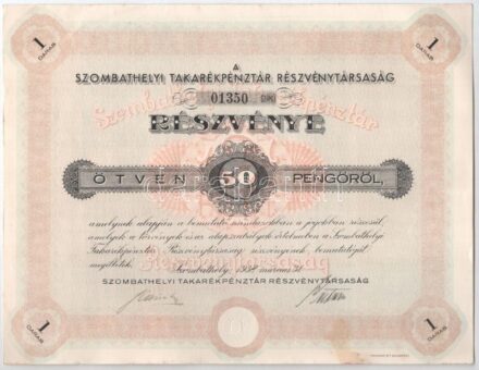 Szombathely 1938. 'Szombathelyi Takarékpénztár Részvénytársaság' részvénye 50P-ről, szelvényekkel, szárazpecséttel T:I- helyenként kis folt