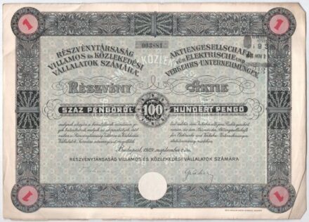 Budapest 1929. 'Részvénytársaság Villamos és Közlekedési Vállalatok Számára' részvénye és tíz részvénye egyben, egyenként 100P-ről, szelvényekkel, bélyegzéssel és szárazpecséttel (2x) T:III,II egyiken szakadások