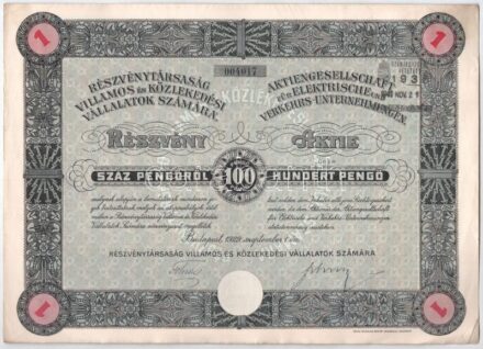 Budapest 1929. 'Részvénytársaság Villamos és Közlekedési Vállalatok Számára' részvénye 100P-ről, szelvényekkel, bélyegzéssel és szárazpecséttel (2x) T:III