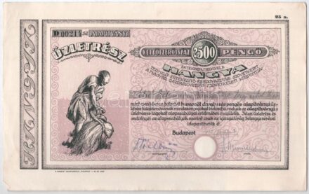 Budapest 1942. 'Hangya Termelő-Értékesítő és Fogyasztási Szövetkezet' névre szóló alapítványi részvénye 2500P-ről, szárazpecséttel, szelvényekkel T:II tűlyukak