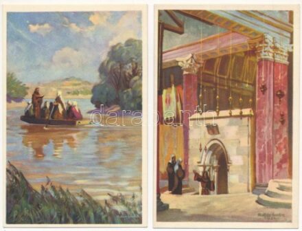 10 db RÉGI használatlan Hollós Endre vallásos művészlap. Kiadja A Szentföld biztosi hivatala / 10 unused pre-1945 religious art postcards signed by Endre Hollós