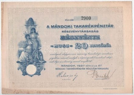 Mándok 1927. 'Mándoki Takarékpénztár Részvénytársaság' részvénye 20P-ről + tíz részvénye egyben, összesen 200P-ről (2x), mindegyik szelvényekkel és szárazpecséttel T:II-III fo.