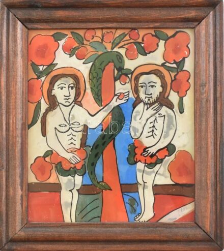 Jelzés nélkül: Ádám és Éva. Festett üveg ikon, fakeretben, 18x16 cm
