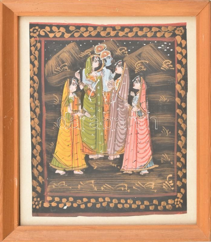 Jelzés nélkül: 5 női alak. Festett nepáli selyemkép, XX. sz., üvegezett fakeretben, 21x17 cm