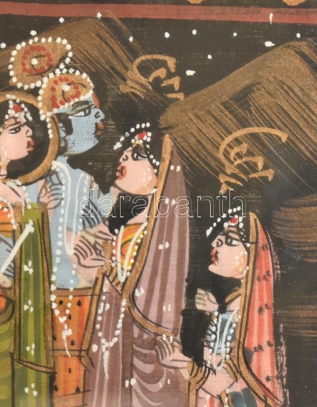 Jelzés nélkül: 5 női alak. Festett nepáli selyemkép, XX. sz., üvegezett fakeretben, 21x17 cm - Image 2