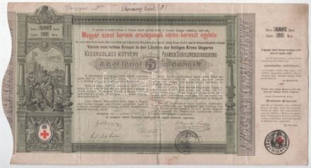 Budapest 1882. 'Magyar szent korona országainak vörös-kereszt egylete' kisorsolási kötvénye 5Ft értékben bélyegzésekkel + 1917. 'Hadsegítési és Népjóléti nyereménykölcsön' nyereménykötvény 40K-ról, szárazpecséttel,