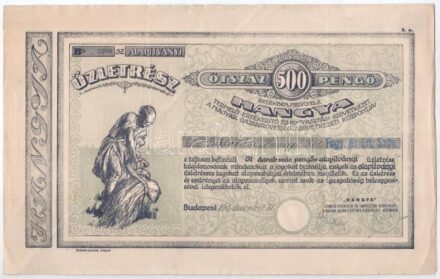 Budapest 1943. 'Hangya Termelő-Értékesítő és Fogyasztási Szövetkezet' üzletrésze 500P-ről, szelvényekkel, szárazpecséttel T:III kis szakadások