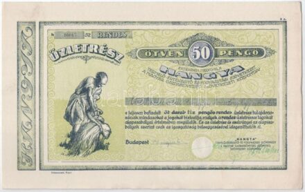 Budapest 1943. 'Hangya Termelő-Értékesítő és Fogyasztási Szövetkezet' üzletrésze 50P-ről, szelvényekkel, szárazpecséttel T:I- tűlyukak