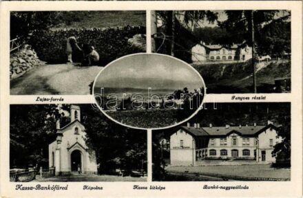 Bankó-fürdő, Bankófüred, Bankov (Kassa, Kosice); Lujza-forrás, Fenyves, Bankói nagyszálloda, Kápolna / spring source, forest, hotel, chapel