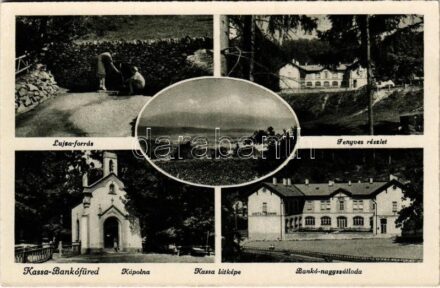 Bankó-fürdő, Bankófüred, Bankov (Kassa, Kosice); Lujza-forrás, Fenyves, Bankói nagyszálloda, Kápolna / spring source, forest, hotel, chapel