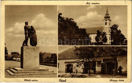 1935 Pánd (Monor), Református templom, Hősök szobra, Hangya üzlete és saját kiadása (EK)