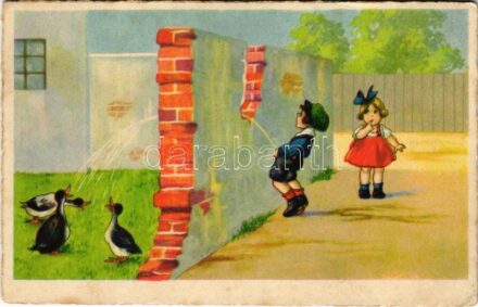 Pisilő kisgyerek, humor / Peeing boy, humour. WSSB 9279. (EK)