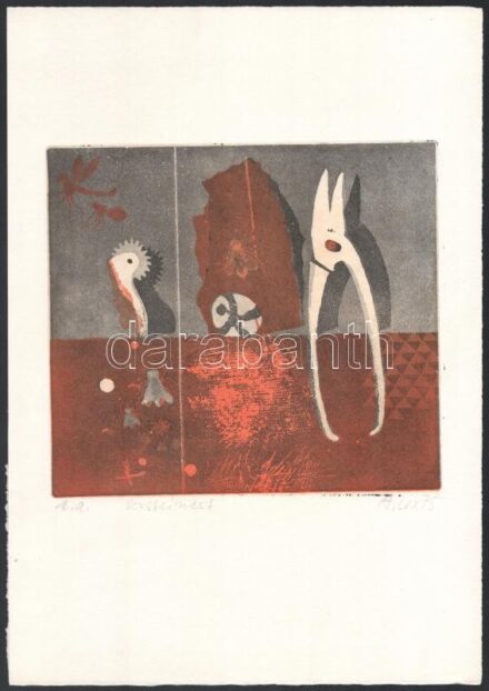 Lux Antal (1935-): Megkövült (Versteinert). Színes rézkarc, akvatinta, papír. Jelzett és datált (A. Lux '75). Művészpéldány e.a. jelzéssel. 19,5x21,5 cm.