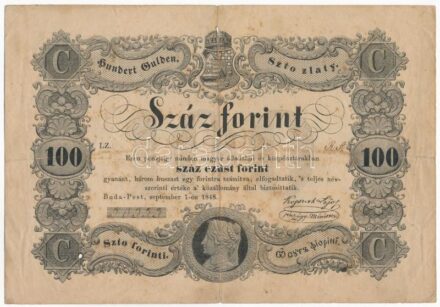 1848. 100Ft 'Kossuth bankó' T:III,III- lyuk, beszakadás, ragasztás, fo. Hungary 1848. 100Ft 'Kossuth banknote' C:F,VG hole, tears, sticked, spotted Adamo G114
