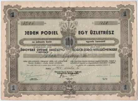 Csehszlovákia / Kassa 1935. 'Kosicei Zsidó Hitelszövetkezet' névre szóló részvénye 100K-ról, kétnyelvű csehszlovák és magyar nyelven, szelvényekkel, bélyegzéssel T:II- / Czechoslovakia / Kosice 1935. 'Kosicei Zsidó