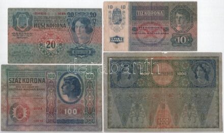 1902. 1000K vízszintes piros 'DEUTSCHÖSTERRECIH' felülbélyegzéssel, II. kiadás, hátlap rajzos + 1912. 100K + 1913. 20K + 1915. 10K T:III,III- szakadás