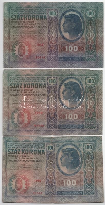 1912. 100K (3x) T:III,III- szakadások Adamo K28