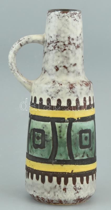 Német füles retró váza, mázas kerámia, kézzel festett, jelzett, hibátlan, m:27 cm