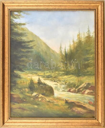 Margitay (Gy?) jelzéssel: Romantikus hegyvidéki táj. Olaj, vászon. Dekoratív fakeretben. 50×40 cm