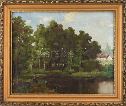 Losonczi jelzéssel (Losonczi Jenő?): Vízparti táj. Olaj, vászon, javított. Dekoratív, sérült fa keretben. 40x50 cm.
