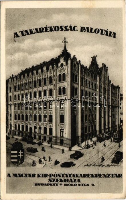 Budapest V. A Takarékosság palotája, Magyar királyi Posta Takarékpénztár székháza, villamos, automobil, magyar címer. Photo Erdélyi. Hold utca 4. (EK)