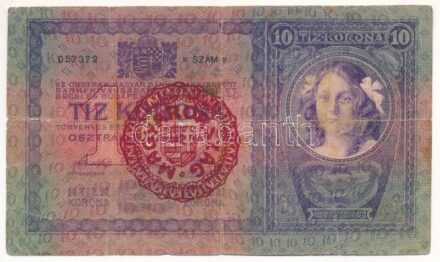 1904. 10K piros 'MAGYARORSZÁG' körbélyegzővel T:III,III- hajtás mentén szakadás