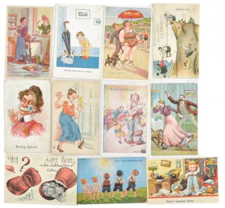 Kb. 92 db főleg RÉGI humoros motívum képeslap vegyes minőségben / Cca. 92 mostly pre-1945 humorous motive postcards in mixed quality