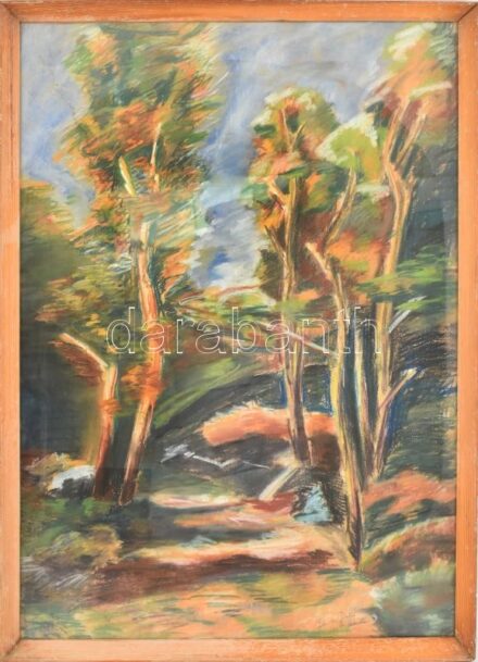 Olvashatatlan jelzéssel: Színes táj, 1964. Pasztell, papír. Hullámos, hátoldala foltos. Üvegezett, kopott fakeretben. 83x58 cm