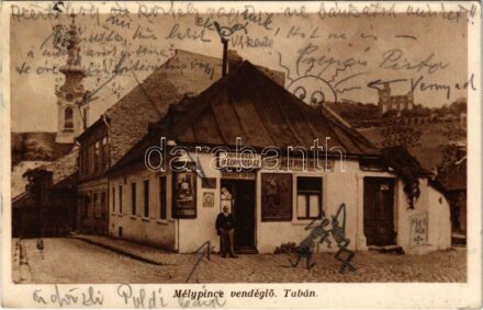 1934 Budapest I. Tabán, Krausz Lipót vendéglője a Mélypincéhez. Fehérsas utca 4. Alapítva 1549-ben - Dr. Keresztury Dezsőnek (későbbi vallás- és közoktatásügyi minisztere) címezve (ázott / wet damage)