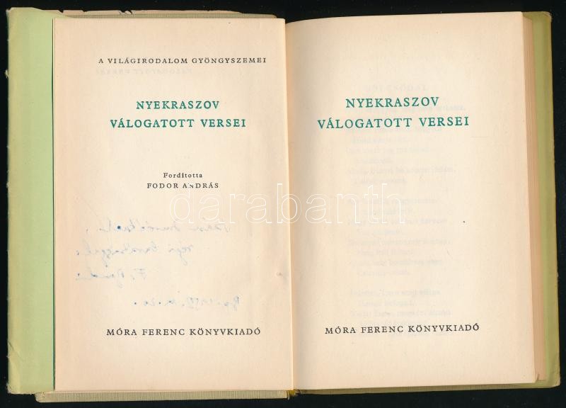 Nyekraszov válogatott versei. Ford.: Fodor András. A fordító, Fodor András (1929-1997) Kossuth-díjas költő, műfordító által Szász Imre (1927-2003) József Attila-díjas író, műfordító részére DEDIKÁLT példány. A - Image 3