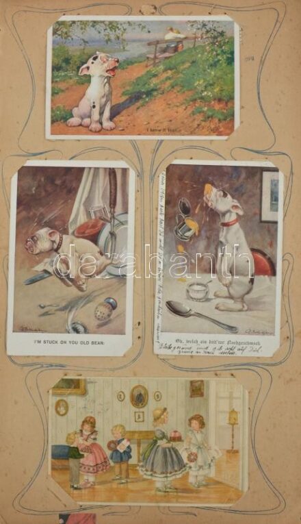 Kb. 123 db RÉGI (hosszú címzésesek is, legrégebbi 1898-as) képeslap szecessziós régi albumban, vegyes minőségben: sok szignós, Bonzo kutya, lithók, Pauli Ebner, kutya, macska, gyerek, humor, katonai, hölgyek, fotók, művészlapok,