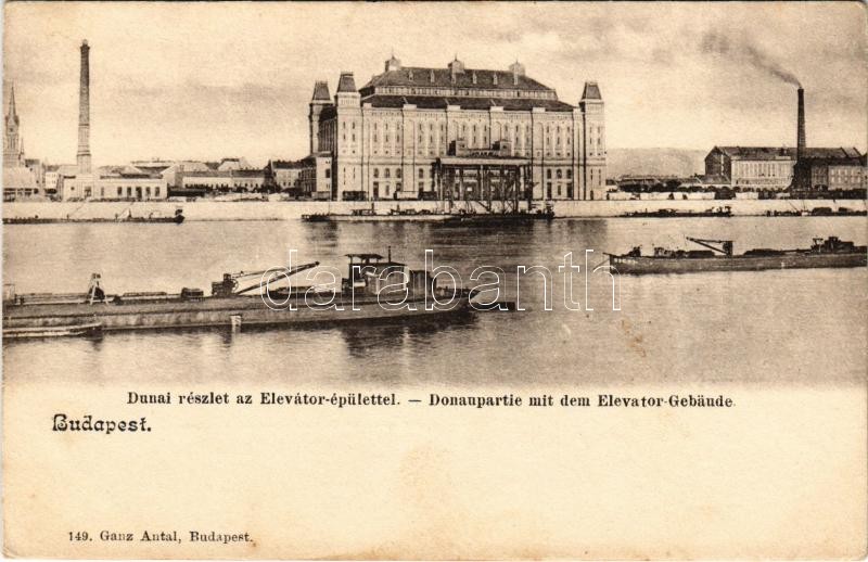 Budapest IX. Dunai részlet az Elevátor épülettel, uszályok. Ganz Antal 149.
