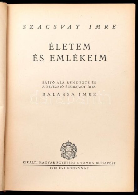 Szacsvay Imre: Életem és emlékeim. Sajtó alá rendezte és a bevezető életrajzot írta: Balassa Imre. A sajtó alá rendező, Balassa Imre (1886-1974) író, újságíró, dramaturg, zenekritikus által aláírt példány. Bp., 1940., Kir. M.