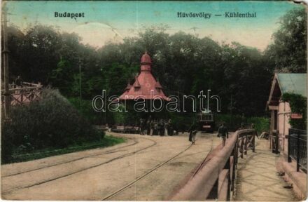 1913 Budapest II. Hűvösvölgy, villamos végállomás, 'Nőknek' tábla (EK)