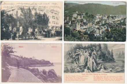 9 db RÉGI képeslap: Abbazia, Crikvenica, Karlsbad / 9 pre-1945 postcards: Opatija, Cirkvenica, Karlovy Vary