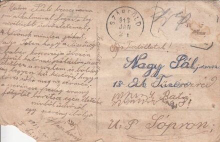 55-984 1918. Képeslap Nagy Pál 13-dik tűzérezredhez sopron (sarka sérült)