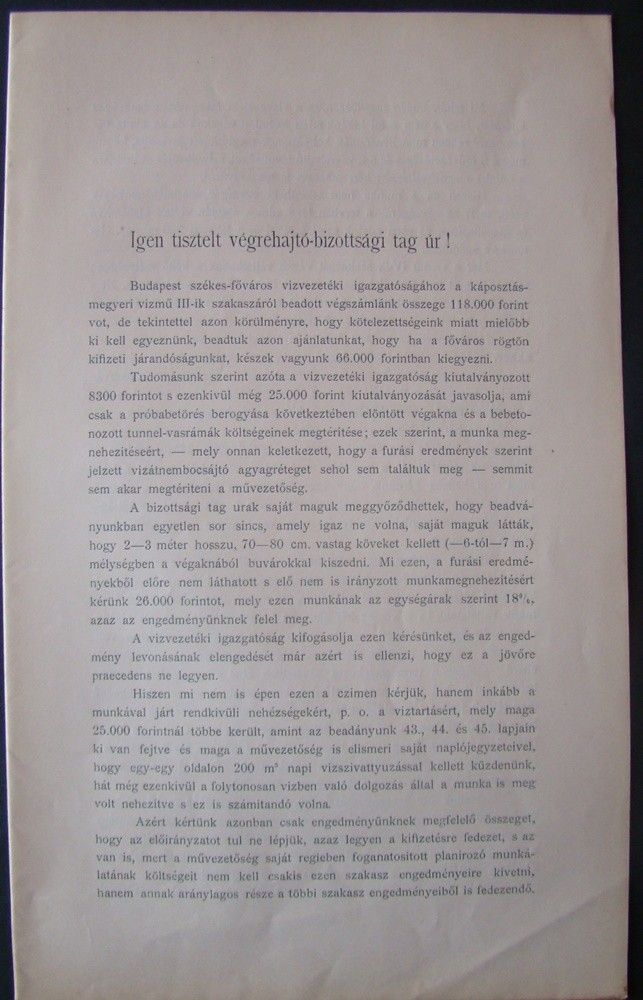 55-1676 1900 Levél a budapesti végrehajtó bizottság tagjainak a káposztásmegyeri vizmű épitési kültségeiről