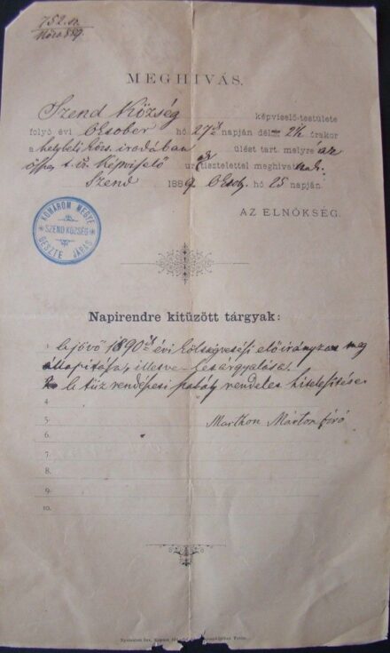 55-1681 1889 Meghívó képviselő testületi ülésre, testületi tagok aláírásával