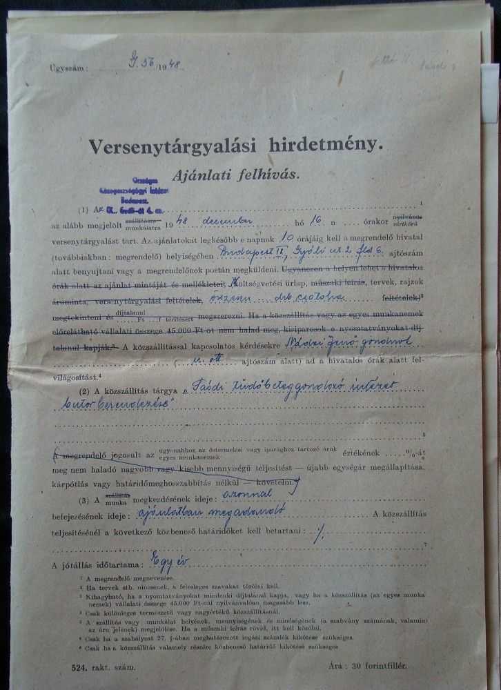 56-921 1948. A sásdi tüdőgondozó intézet butorberendezésére Versenytárgyalási hírdetmény