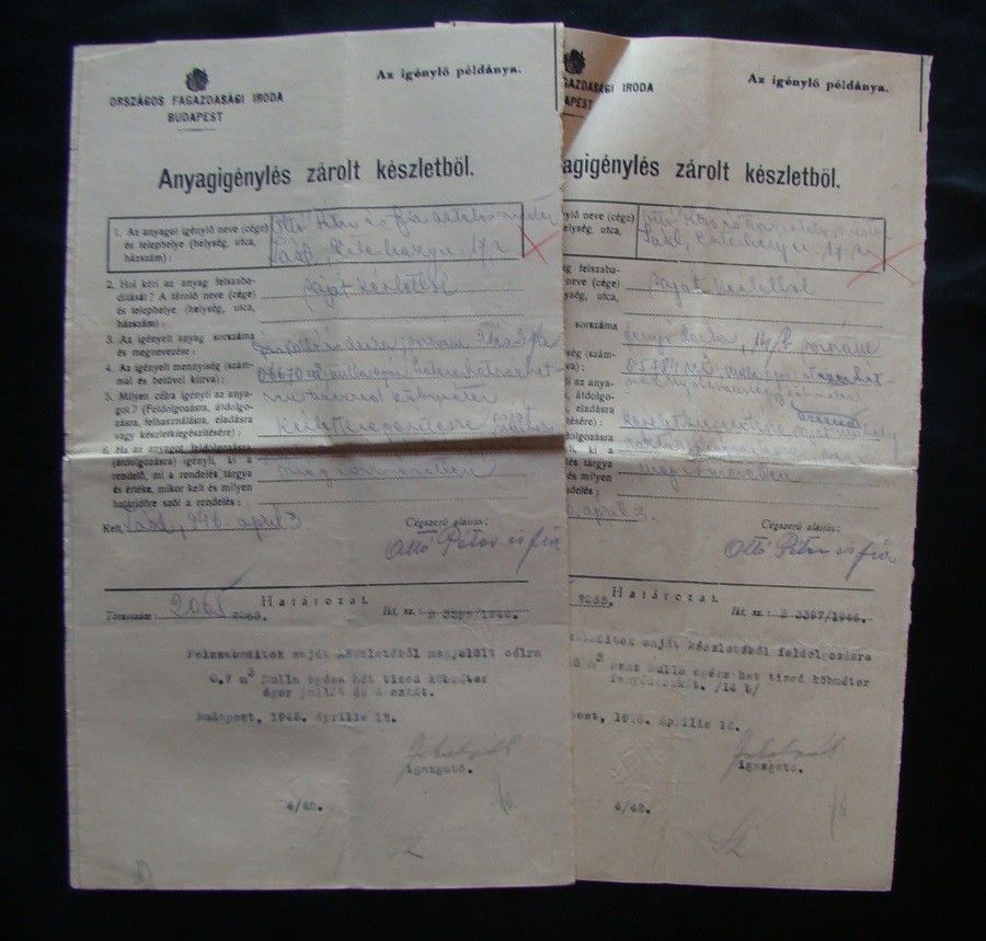56-923 1946. 2db Anyagigénylés zárolt készletből / Országos Fagazdasági Iroda Budapest